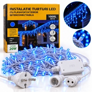 Instalatie exterior, 50 metri, turturi cu FLASH, 1000 LED Albastru, fir alb gros