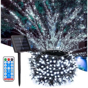 Instalatie solara exterior 30 metri, 300 Led Alb Rece, incarcare USB si telecomanda