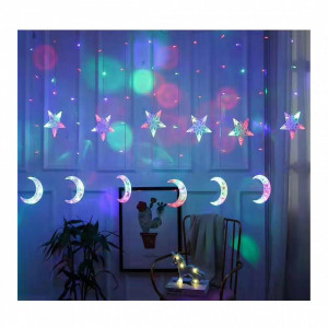 Perdea luminoasa de Craciun cu stele si luna multicolor