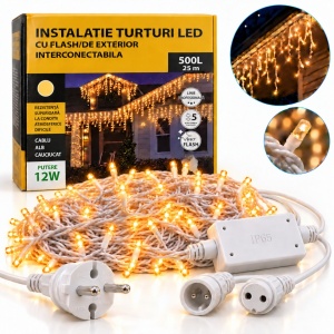 Set 2 x Instalatie exterior, 25 metri, turturi cu FLASH, 500 LED Alb Cald, fir alb gros