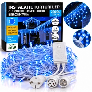 Instalatie exterior 100 metri, franjuri cu joc de lumini, 2000 led, fir alb gros