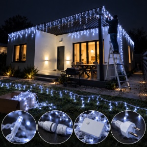 Instalatie exterior 50 metri, franjuri cu joc de lumini, 1000 led, fir alb gros - Img 4