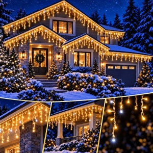 Instalatie exterior, 50 metri, turturi cu FLASH, 1000 LED Alb Cald, fir alb gros