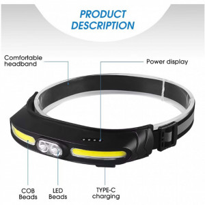 Lanterna de cap, reglabila, 5 moduri, lumina alba si rosie, incarcare USB