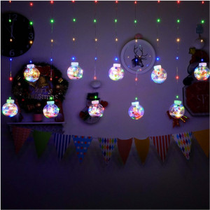 Perdea luminoasa, 10 globuri cu mos craciun, Multicolor