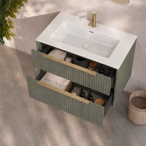 Mobilier suspendat pentru lavoar Fluminia Istria 80 cu 2 sertare, front riflat, 80x46 cm, salvia, mâner auriu - Img 2