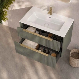 Mobilier suspendat pentru lavoar Fluminia Istria 80 cu 2 sertare, front riflat, 80x46 cm, salvia, mâner auriu - Img 2