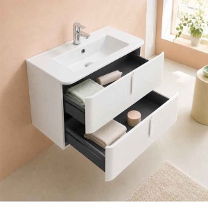 Mobilier suspendat pentru lavoar Fluminia Pisa 80 cm, front neted, 80 × 46 cm, alb mat, mânere albe mat - Img 4