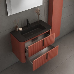 Mobilier suspendat pentru lavoar Fluminia Pisa 80 cm, front riflat, 80 × 46 cm, mânere negre, mattone - Img 4