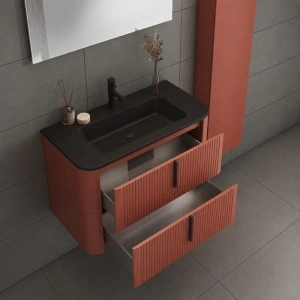 Mobilier suspendat pentru lavoar Fluminia Pisa 80 cm, front riflat, 80 × 46 cm, mânere negre, mattone - Img 4