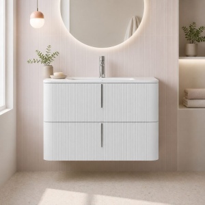 Mobilier suspendat pentru lavoar Fluminia Pisa 80 cm, front riflat, 80 × 46 cm, alb mat, mâner alb mat - Img 3