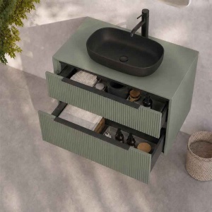 Mobilier suspendat pentru lavoar pe blat Fluminia Istria 80, cu 2 sertare, front riflat, 80x46 cm, salvia, mâner negru - Img 3