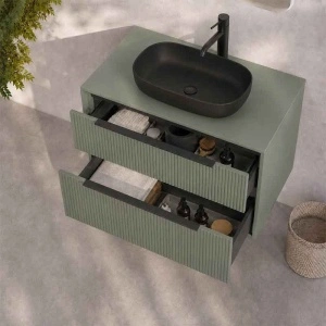 Mobilier suspendat pentru lavoar pe blat Fluminia Istria 80, cu 2 sertare, front riflat, 80x46 cm, salvia, mâner negru - Img 3