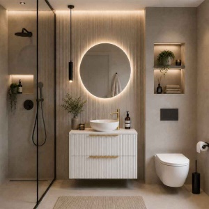 Mobilier suspendat pentru lavoar pe blat Fluminia Istria 80, front riflat, 80x46 cm, alb mat, mânere aurii - Img 3