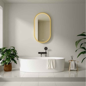 Oglindă cu LED, dezaburire și ceas Fluminia, Canaria 90 Clock, iluminare perimetrală, ramă gold