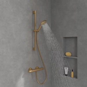 Set de duș Villeroy&Boch, Universal Showers, cu bară, pară duș și furtun, brushed gold - Img 3