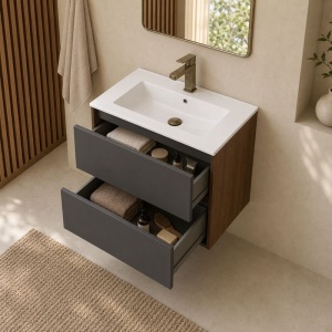 Mobilier suspendat pentru lavoar Fluminia, Genova 60, front și laterale netede, nero mat/rovere moka - Img 3