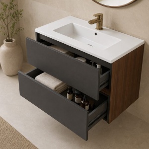 Mobilier suspendat pentru lavoar Fluminia, Genova 80, front și laterale netede, nero mat/rovere moka - Img 3