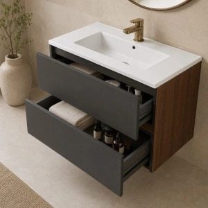 Mobilier suspendat pentru lavoar Fluminia, Genova 80, front și laterale netede, nero mat/rovere moka - Img 3