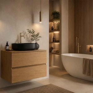 Mobilier suspendat pentru lavoar Fluminia Genova 80, front și laterale netede, 80x46 cm, Rovere Natu - Img 2