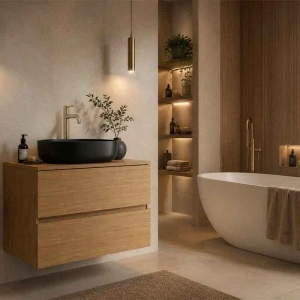 Mobilier suspendat pentru lavoar Fluminia Genova 80, front și laterale netede, 80x46 cm, Rovere Natu - Img 2