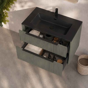 Mobilier suspendat pentru lavoar Fluminia Istria 80 cu 2 sertare, front riflat, 80x46 cm, salvia, mâner negru - Img 4
