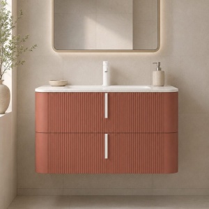 Mobilier suspendat pentru lavoar Fluminia Pisa 100 cm, front riflat, 100 × 46 cm, mattone, mâner alb mat - Img 2