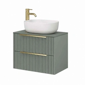 Mobilier suspendat pentru lavoar pe blat Fluminia Istria 80, cu 2 sertare, front riflat, 80x46 cm, salvia, mânere aurii