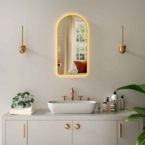 Oglindă cu LED, dezaburire, ceas și bluetooth Cosimo Bronze 50x100 cm, lumină Internă și Ambientală, ramă bronz