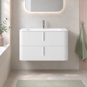 Mobilier suspendat pentru lavoar Fluminia Pisa 100 cm, front riflat, 100 × 46 cm, alb mat, mâner alb mat - Img 4