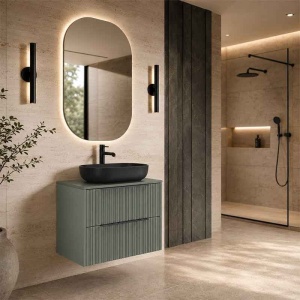Mobilier suspendat pentru lavoar pe blat Fluminia Istria 80, cu 2 sertare, front riflat, 80x46 cm, salvia, mânere aurii - Img 2