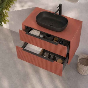 Mobilier suspendat pentru lavoar pe blat Fluminia Istria 80, front riflat, 80 × 46 cm, mattone, mâner negru - Img 4