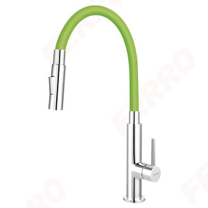 Baterie de bucatarie, Ferro, Zumba Slim 2F, cu pipa flexibila, verde