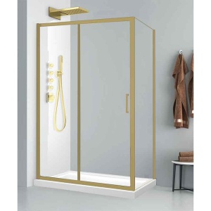 Cabină de duș Fluminia, Iris Gold 120x90 cm, formată din perete fix și ușă culisantă, profil brushed gold