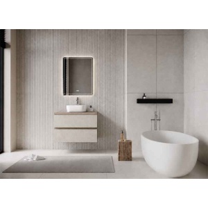 Mobilier suspendat pentru lavoar Fluminia Genova 80, front rugos, 80x46 cm, almond/noce americano - Img 2