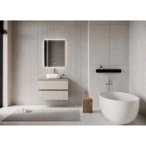 Mobilier suspendat pentru lavoar Fluminia Genova 80, front rugos, 80x46 cm, almond/noce americano - Img 2