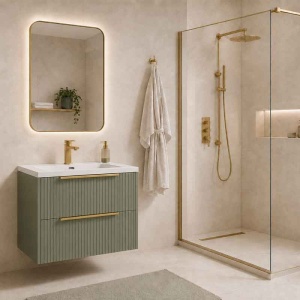 Mobilier suspendat pentru lavoar Fluminia Istria 80 cu 2 sertare, front riflat, 80x46 cm, salvia, mâner auriu - Img 3