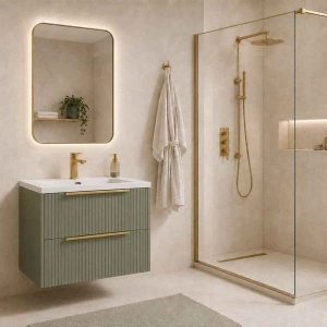 Mobilier suspendat pentru lavoar Fluminia Istria 80 cu 2 sertare, front riflat, 80x46 cm, salvia, mâner auriu - Img 3