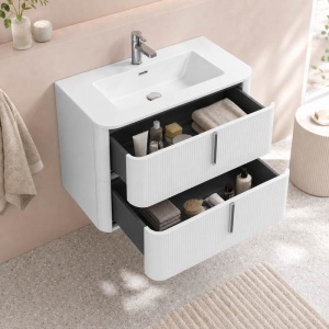 Mobilier suspendat pentru lavoar Fluminia Pisa 80 cm, front riflat, 80 × 46 cm, alb mat, mâner alb mat - Img 4