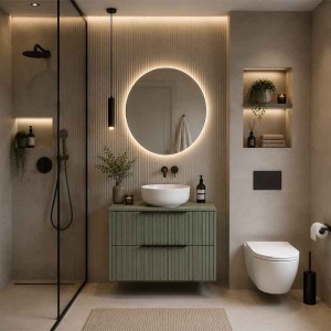 Mobilier suspendat pentru lavoar pe blat Fluminia Istria 80, cu 2 sertare, front riflat, 80x46 cm, salvia, mâner negru - Img 4