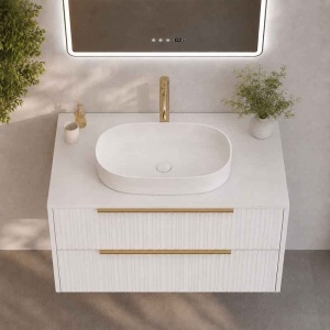 Mobilier suspendat pentru lavoar pe blat Fluminia Istria 80, front riflat, 80x46 cm, alb mat, mânere aurii - Img 4
