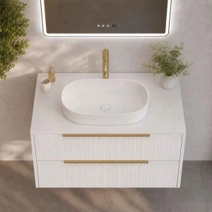 Mobilier suspendat pentru lavoar pe blat Fluminia Istria 80, front riflat, 80x46 cm, alb mat, mânere aurii - Img 4