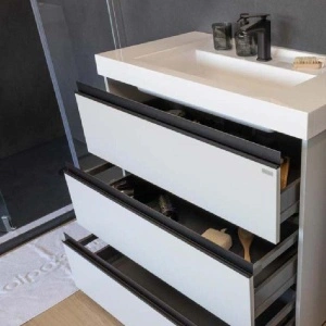Set mobilier stativ cu lavoar Kolpasan, Harmony 70 cm, 3 sertare, dark oak - Img 6