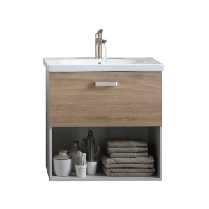 Set mobilier suspendat si lavoar Kolpasan, Evelin, 65 cm, front stejar si laterale gri