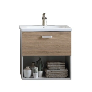 Set mobilier suspendat si lavoar Kolpasan, Evelin, 65 cm, front stejar si laterale gri