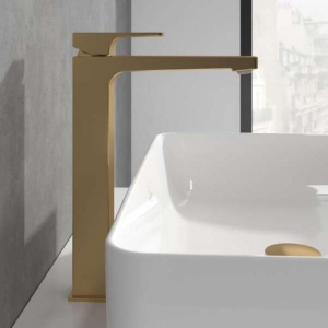 Baterie înaltă pentru lavoar Villeroy&Boch, Architectura Square, cu ventil click-clack, brushed gold - Img 3