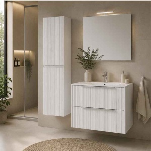 Mobilier suspendat Fluminia Istria 80, pentru lavoar încastrat, front riflat, 80x46 cm, alb mat, mâner inox - Img 2