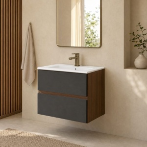 Mobilier suspendat pentru lavoar Fluminia, Genova 60, front și laterale netede, nero mat/rovere moka - Img 4