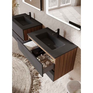 Mobilier suspendat pentru lavoar Fluminia, Genova 80, front și laterale netede, nero mat/rovere moka - Img 4