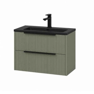 Mobilier suspendat pentru lavoar Fluminia Istria 80 cu 2 sertare, front riflat, 80x46 cm, salvia, mâner negru